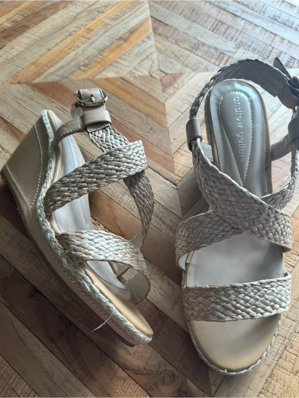 Andrew Geller Beige Braided Espadrille Wedge Sandals with Ankle Buckle